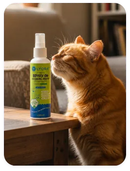 Gato observando o frasco sobre a mesa
