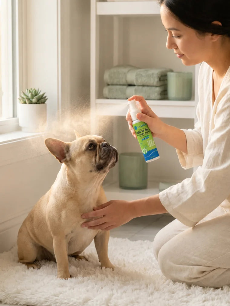 Caroline aplicando o Skin Spray LYORA³ no pet